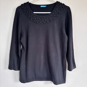 J McLaughlin Sweater Womens MEDIUM Black Chain Detail Neckline Pullover Preppy